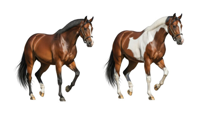 Two brown and pinto horses walking on a white background
