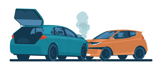 Scene of a collision between two cars with damage. Vector illustration.
