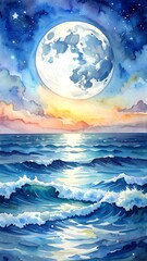 Watercolor nightscape A full moon shines over a serene, stylized ocean reflecting its light