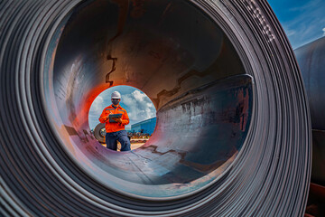 Engineer one worker man inspection on hole rolls of metal carbon steel sheets outside the factory