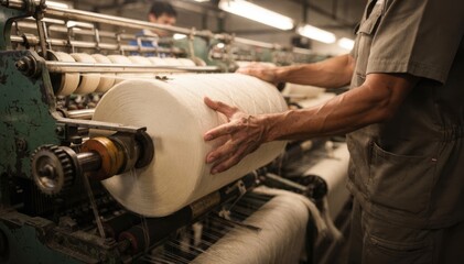 Operator manually removing a heavy yarn package from a spinning machine highlighting skilled hand coordination and traditional workflow in a bustling workshop.