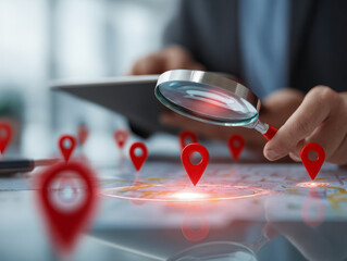 Business person analyzing geographical locations on a digital map with magnifying glass and tablet for strategic decision-making and planning
