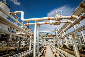 Steel long pipes and pipe elbow in station oil factory during refinery valve of visual check record pipeline