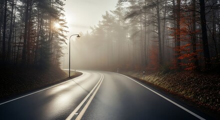Fototapeta premium Road through foggy forest with sunlight shining through trees concept