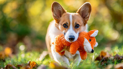 Obraz premium Adorable corgi dog carrying a plush fox toy in its mouth while running through a vibrant autumn park with soft-focus foliage background