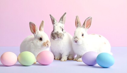 Obraz premium Three fluffy bunnies pose with colorful Easter eggs against a soft pink and purple backdrop