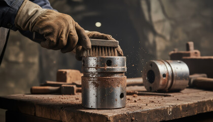 Industrial glove worker hand metal cylinder wire brush dust particle gold mining workshop table closeup manual labor tool cleaning Industrial