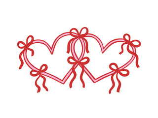 Two intertwined pink hearts with red bows, symbolizing love, connection and romance, ideal for Valentine's Day and relationship themes. Hand drawn doodle element for greeting card, invitation, poster
