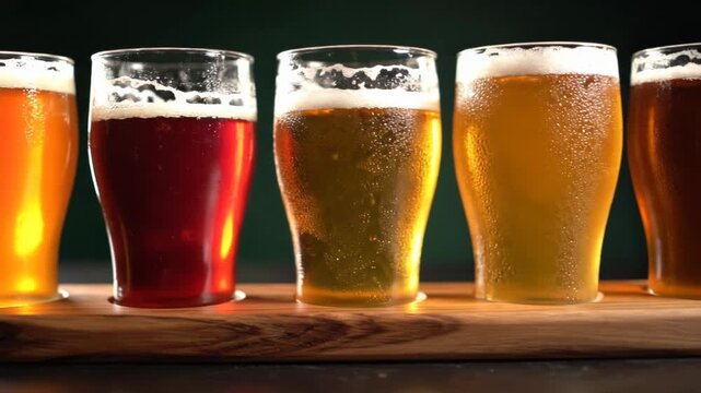 Four glasses of assorted beers on a wooden flight board indoors