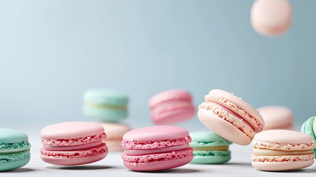 Colorful macarons floating against a light background