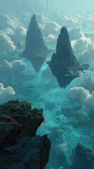 Vast underwater landscape features towering rock formations and clouds above the serene ocean surface during daytime