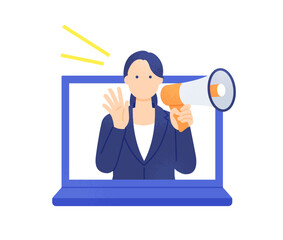 デジタルマーケティングのイメージ。集客するマーケター。パソコンから拡声器で告知する女性のイラスト。