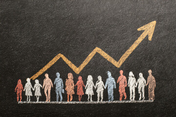 Diverse group of people holding hands illustrated on chalkboard with upward trending arrow representing growth, unity, and community progress concept