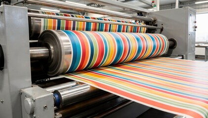 Medium shot showcasing dynamic rotary screen fabric printing with bold evenly spaced stripes emphasizing the precision and speed of the rotating screens.