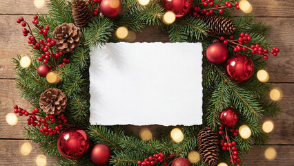 Rustic Christmas Wreath with Blank Card on Wood, Festive Holiday Decoration