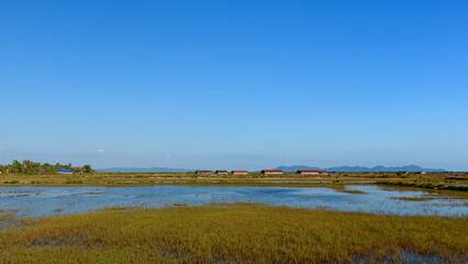 A row of red-roofed salt warehouses lines the horizon beyond flooded grassy fields near Kampot, Cambodia. The landscape is defined by open water, low vegetation, and distant blue mountains under a