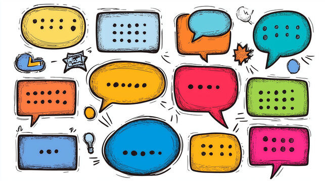 Funky y2k speech bubble scrapbook collection. Torn paper bubble shapes for dialogue, message and text. Comic colorful scrapbook collage speech bubbles. Hand drawn vector sketch, ai generated