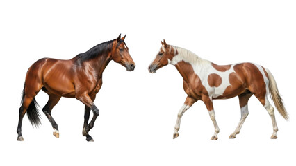 Obraz premium Two horses walking: brown bay horse and pinto horse with white and brown spots, isolated on white
