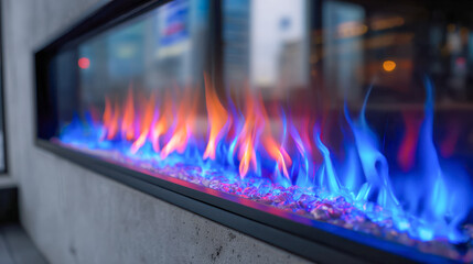 Modern linear fireplace showcasing vibrant blue and orange flames dancing above reflective glass pebbles in a stylish indoor living space setting