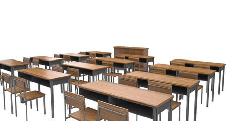A Collection of Empty Wooden School Desks and Chairs Arranged in Neat Rows for a Classroom Setting Isolated on a Transparent Background