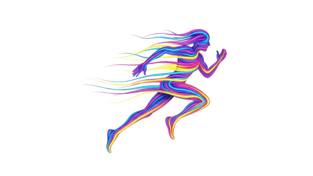Abstract colorful running woman illustration with speed lines, vibrant rainbow colors, dynamic motion, isolated on white