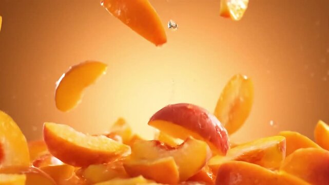 Juicy ripe peach wedges rising with a refreshing water splash in slow motion