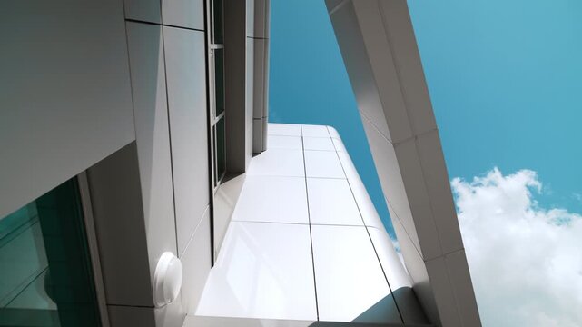 Geometric building corner shows support beam and white panels. Detail creates strong lines revealing vertical tower and panel geometry