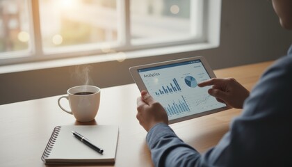 Business professional reviewing analytics charts and graphs on a digital tablet screen, sitting at a wooden desk with a steaming coffee cup and notebook, working on finances