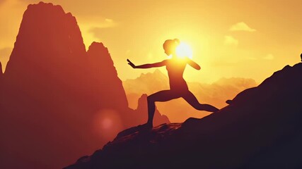 Fitness. Exercise. New Year resolution. Healthy lifestyle theme. A silhouette of a woman practicing yoga against a backdrop of a sunset over a mountainous landscape.