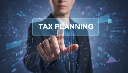 Businesswoman's hand activating a virtual interactive screen displaying tax planning, illustrating concepts of modern financial strategy, futuristic technology, and digital business solutions