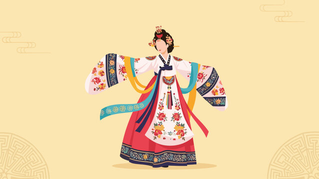 Korean traditional dancer in vibrant hanbok performing a dance, ideal for cultural festivals and art promotion materials