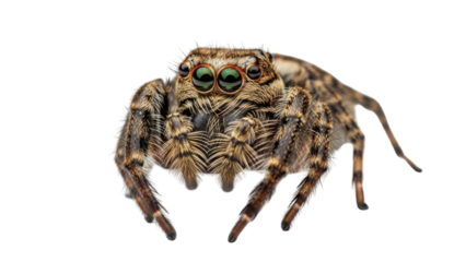 Close-up of a brown jumping spider with green eyes on a white background