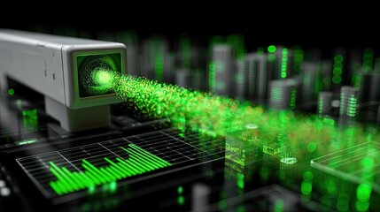 Advanced Technology Beam Projection with Data Visualization and Urban City Background at Night