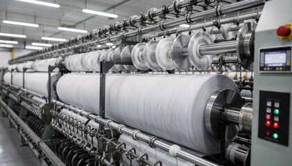 Medium shot capturing synthetic yarn being spun by ring twisting frames during a dynamic day shift highlighting modern automated textile production.