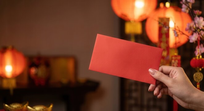 Hand holding a red envelope with blurred Chinese New Year decorations in the background.