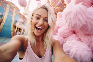 Young woman laughing, posing for a selfie surrounded by pink decorations