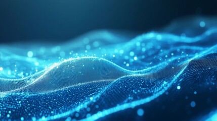 Futuristic digital wave energy flow shows a blue wave in the ocean made of small dots against a blue and white background