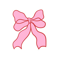 Elegant pink bow with red outline in a hand-drawn doodle style. Charming simple ribbon illustration. Coquette aesthetic. Design for sticker, greeting card, invitation, poster