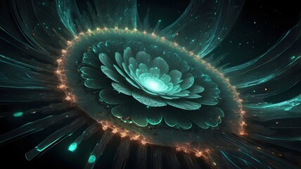 Abstract Fractal Spiral with Glowing Blue and Green Tones in Space Setting