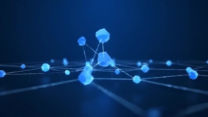Abstract digital network visualization of interconnected hexagonal nodes on a dark blue background - Powered by Adobe