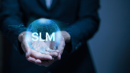SLM Small Language Model technology concept with businessman holding virtual globe network.