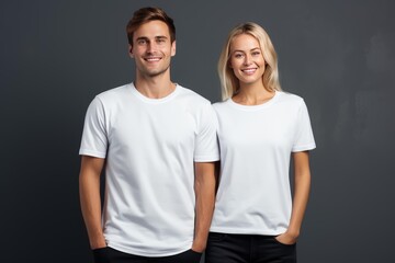 Naklejka premium Young couple standing in white t shirts smiling at the camera for a mockup template