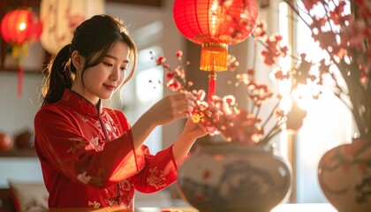 Photorealistic lifestyle photograph of an Asian woman arranging Chinese New Year decorations at home, captured with warm natural light, candid movement, shallow depth of field, and a calm festive prep