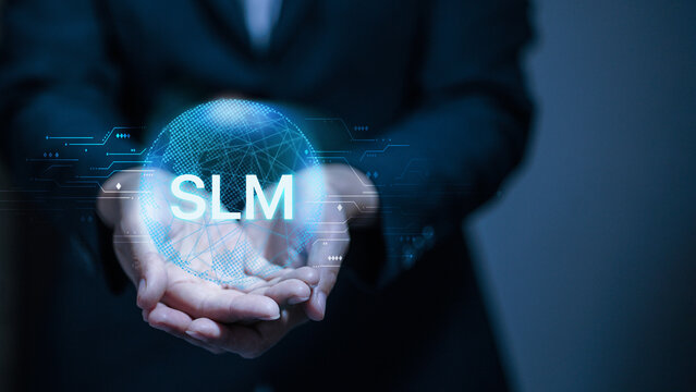 SLM Small Language Model technology concept with businessman holding virtual globe network. - Powered by Adobe