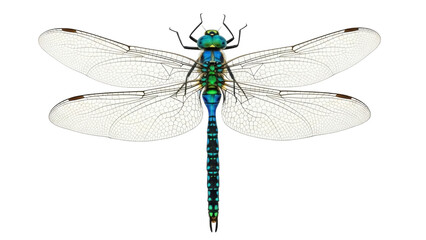 Vibrant dragonfly PNG isolated on transparent background, detailed insect with iridescent blue and green body for nature designs