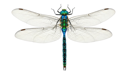 Vibrant dragonfly PNG isolated on transparent background, detailed insect with iridescent blue and green body for nature designs