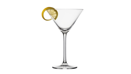 Elegant martini glass with lemon twist isolated PNG, classic cocktail glassware on transparent background for bar and party designs