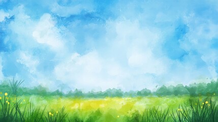 Beautiful watercolor artwork showing a blue sky and green ground landscape for invitation cards and decor