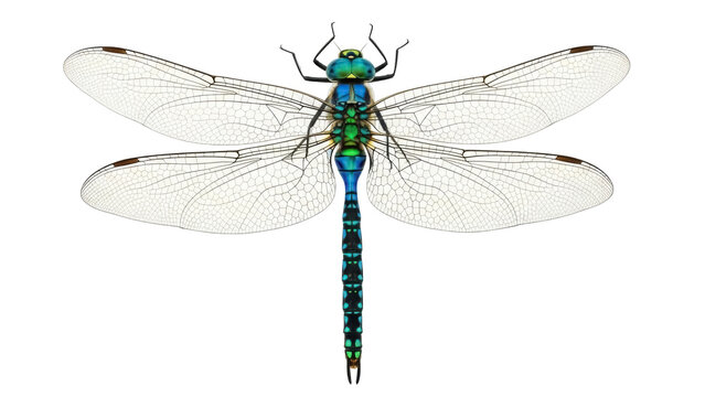 Vibrant dragonfly PNG isolated on transparent background, detailed insect with iridescent blue and green body for nature designs