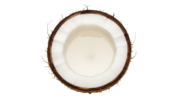 Halved coconut PNG isolated on transparent background, tropical fruit with shell and white flesh, healthy food ingredient for vegan recipes